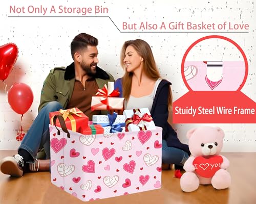 Image of Large Valentine's Day Basket Heart Shaped Storage Bin for Gifts Collapsible Organizer Room Decor (Pink Bottom Lines White Love)