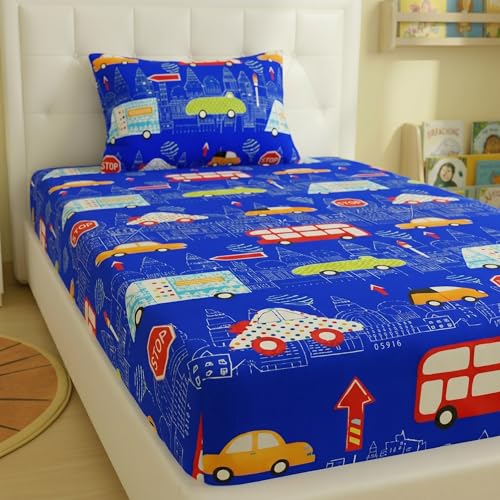 Image of Filymore Kids Single Bedsheet Super Car Theme for Single Size Bed 240 TC Microfiber Soft Cartoon Bedcover for Kids Room 90x60 Inches Red Blue and White