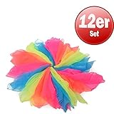 Lieferumfang: Jonglier- und Tanztücher Fluo – 12er Set verschiedene Farben (3 x orange, 3 x blau, 3 x pink, 3 x gelb)