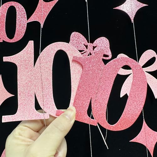 Image of Glitter Pink 10th Bow Birthday Decorations Hot Pink Conquette Bow Garland Streamer Banner Backdrop for Girls Happy 10th Birthday Double Digits I'm 10 Cheers to 10 Years Old Anniversary Party Supplies