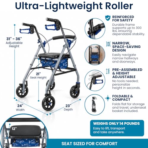 Image of Vive Ultra Lightweight Rollator Walker with Seat - Foldable & Narrow
