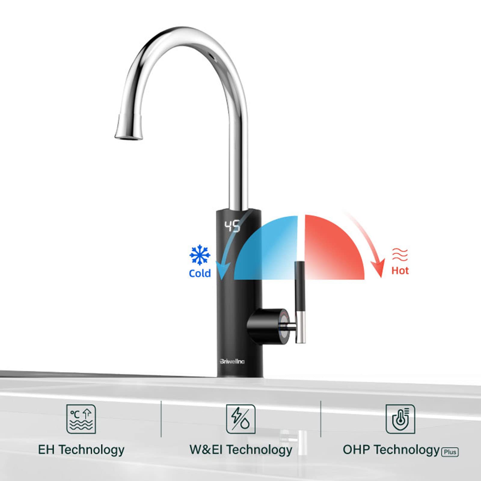 Rubinetto Cucina Nero, Rubinetto Scaldabagno Elettrico, Rubinetto Acqua Istantaneo Senza Serbatoio, Rubinetto Riscaldamento Rapido con Display Digitale a LED, Miscelatore Riscaldamento a Flusso