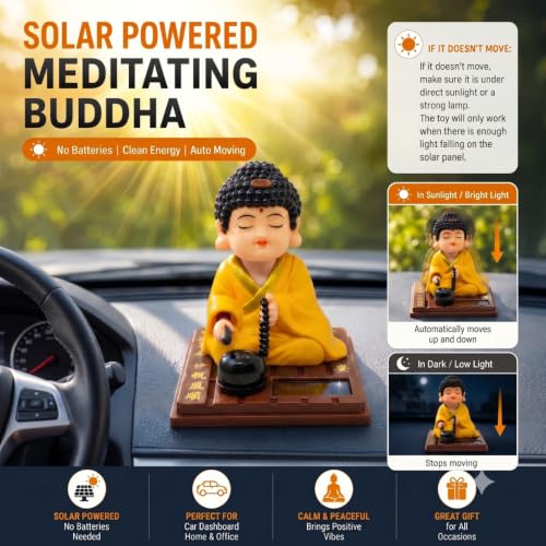 Image of Solar-Powered Moving Head Buddha Statue| Feng Shui Monk Figurine for Positive Energy, Peace & Prosperity | Shaking Head Buddha Idol for Car Dashboard, Home & Office Decor (Yellow)