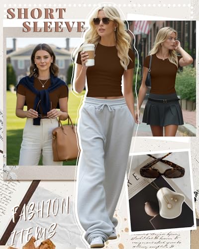 Image of Evervibe Women Built-in Bra Short Sleeve Shirts Crewneck T-Shirt Slim Fit Going Out Tops Casual Summer Basic Tees