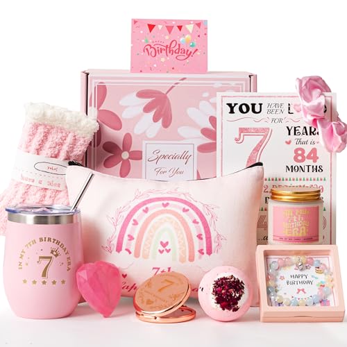 7th Birthday Gifts for Girls,Happy 7th Pamper Gift Basket Ideas for Daughter, Cute Unique Sweet 7 Year Old Birthday Hampers Presents for Her,Best Friend Niece,Granddaughter, Sister, Friend, Teens