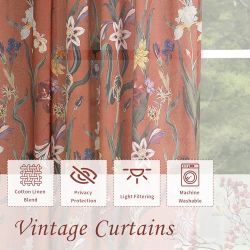 Image of Schweek Boho Curtains 84 Inches Length 2 Panels for Living Room Terracotta | Linen Farmhouse Curtains,Printed Floral Vintage Botanical Burnt Orange Semi Sheer Drapes for Dining Room, Bedroom 52 inchx84 inch