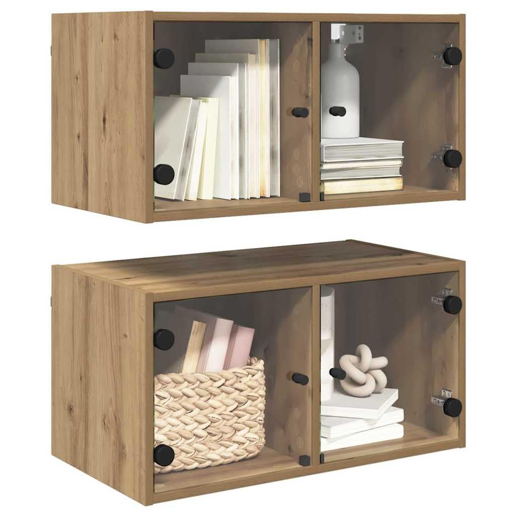 vidaXL Wandschränke 2 pcs Artisan-Eiche 68 x 37 x 35 cm Holzwerkstoff, Wohzimmer-Schrank, rechteckiger Wandregal, modernes Glastürteil, robuster Holz-Organizer