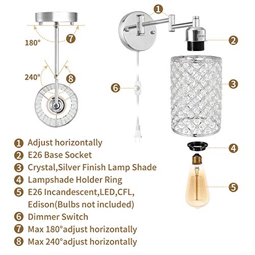 1-Light Wall Lamp Modern Style Metal Round Lampshade Decorative Dimmable Crystal E26 Base Wall Lights Industrial Swing Arm Wall Sconce For Home Decor Plug-In Wall Lamp 67.59 Inch Cord #TOP2