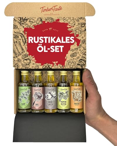 TIMBER TASTE® Öl Geschenkset [Rustikal] - 5 erlesene Speiseöle [5x40ml] - Öle Gewürze Geschenk Set - Kochbox Koch Set - Geschenkidee-Valentinstag - Besondere Geschenke für Männer & Frauen
