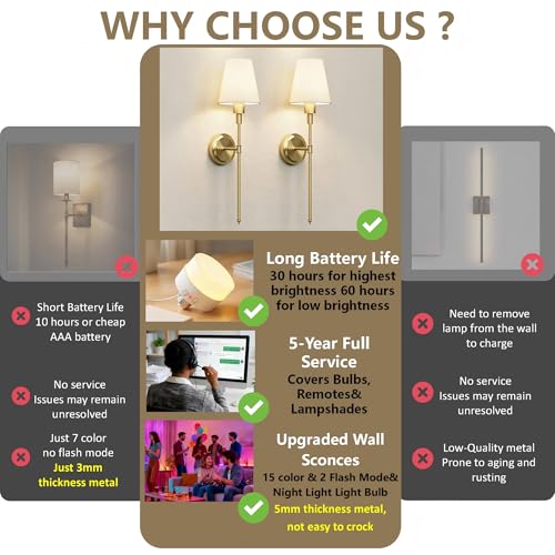 DORESshop Battery Operated Wall Sconce Set of 2, Wireless Wall Light Easy to Install, 15 Color Rechargeable Wall Sconces, Sconce Wall Decor Set of 2 for Bedroom, Living Room, Gold, 24.6in by DORESshop - Image 2