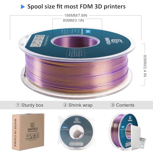 Image of Geeetech Silk PLA Filament 1.75mm Silk Dual Color Filament, Coextrusion Dichromatic Metal-Like Shiny Consumable 1kg (2.2lbs) 1 Spool, Dimensional Accuracy + /- 0.02 mm, Gold Purple