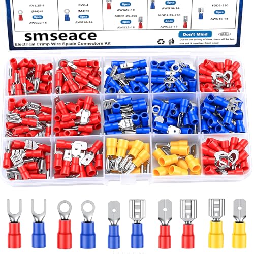 smseace Wire Crimp Connectors 2.8mm/4.8mm/6.3mm 22-10AWG Male and Female Connector kit Insulated Wire Spade/Fork/Ring Electrical Speaker Connector
