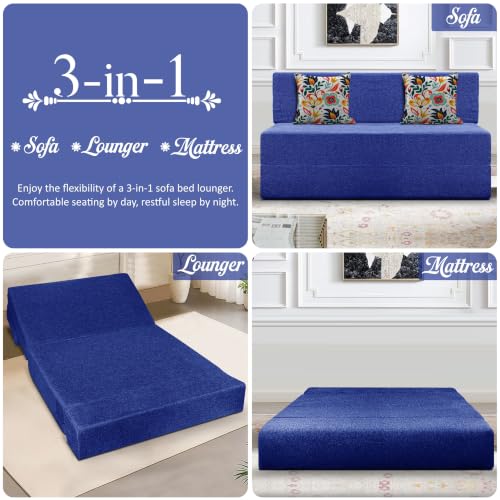 Image of Los Angeles Foldable Two Seater Sofa Cum Bed, Sofa Bed 4 X 6 Feet Jute Fabric Washable Cover- Including Cushion Perfect for Living Room - Blue