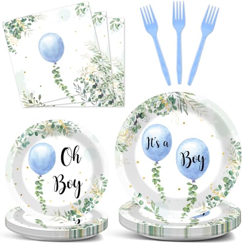 Image of 96 Pcs Oh Boy Watercolor Blue Balloon Party Supplies Greenery Boy Baby Shower Tableware Set Eucalyptus Party Favor Birthday Baby Shower Plates and Napkins Table Decorations for 24 Guests