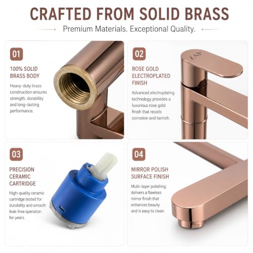 Image of ZAP Ocean Series 11-Inch Tall Brass Pillar Cock, Rose Gold Wash Basin Tap for Bathroom Sink and Vanity, Single Lever Hot or Cold Water Faucet, Rust and Leak Resistant
