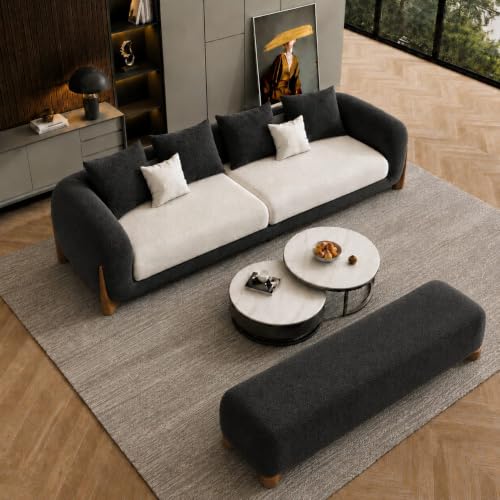 Image of Modern Boucle Sofa for Living Room Bedroom Reception and Office Wooden Polished Leg Sofa for Living Room (Dark Grey & Off White, 3 Seater + Bench)