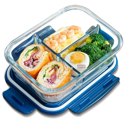 Image of 3 Compartment Rectangular Lunch Box, Food Storage Container with Air Vent Lid, Glass Storage Bowl with Clamp for Office School and Travel 1000ML Pack of 1 (Multi-Color)