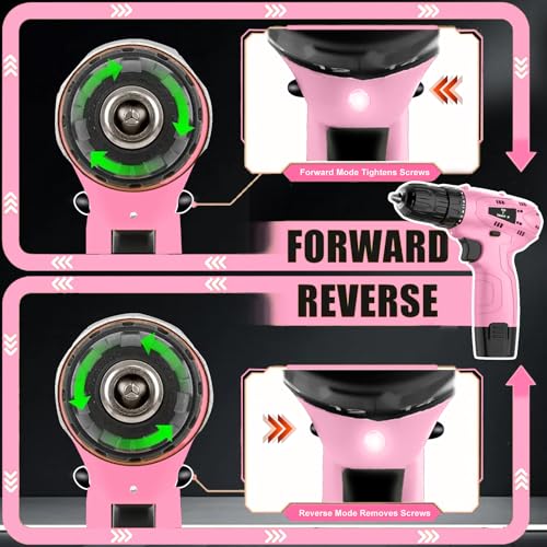 Image of Tegatok Cordless Drill Set,12V Power Drill Set with Battery and Charger, Electric Driver Drills Bits, 3 /8'' Keyless Chuck,18+1 Torque Setting with LED Electric Drills Set, Pink