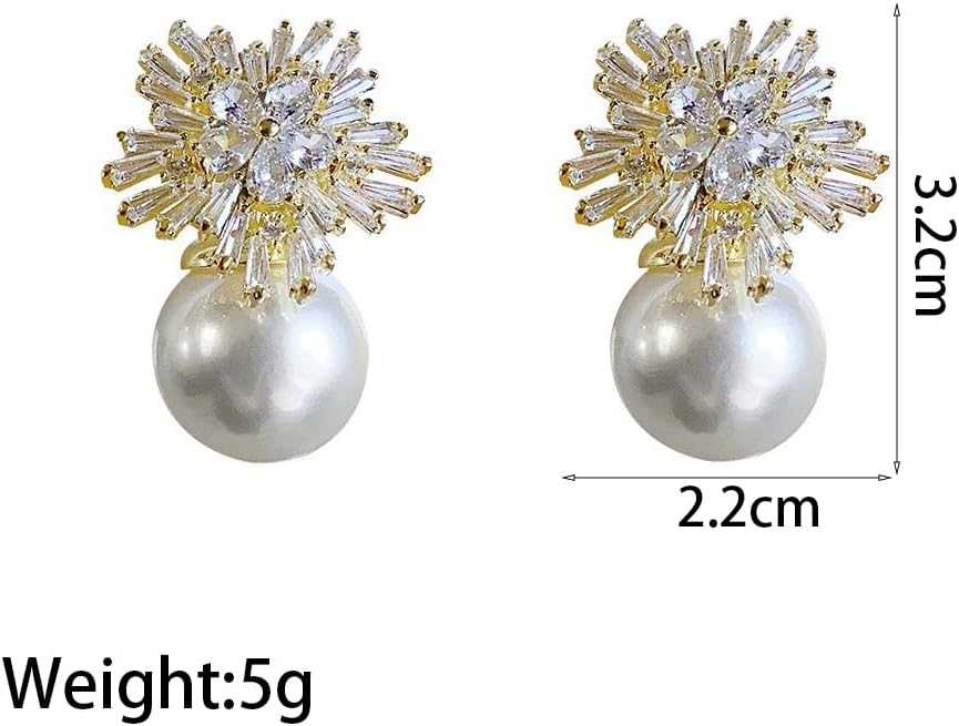 Sparkly Pearl Rhinestone Earrings for Women,White Snowflake Flower Statement Earrings,Formal Floral Holiday Prom Weeding Jewelry Gifts - Image 3