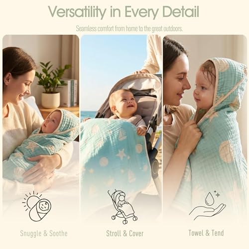 Image of Ultra-Soft Muslin Baby Hooded Towel - 32 x 32 Inches, Ideal for Bath & Beach, Suitable for Both Boys & Girls from Newborns to Toddlers