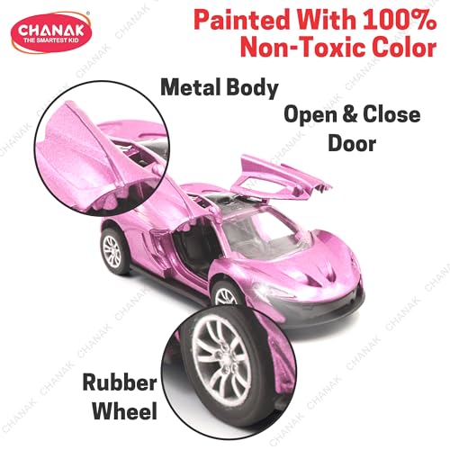 Image of Chanak Die Cast Car for Kids Alloy Metal Pull Back Car Toy Car Toy Vehicle with Openable Doors & LED Lights Cars for Kids Collectible Toy Vehicle Gift for Kids Boys Girls BIS Approved (Pink)