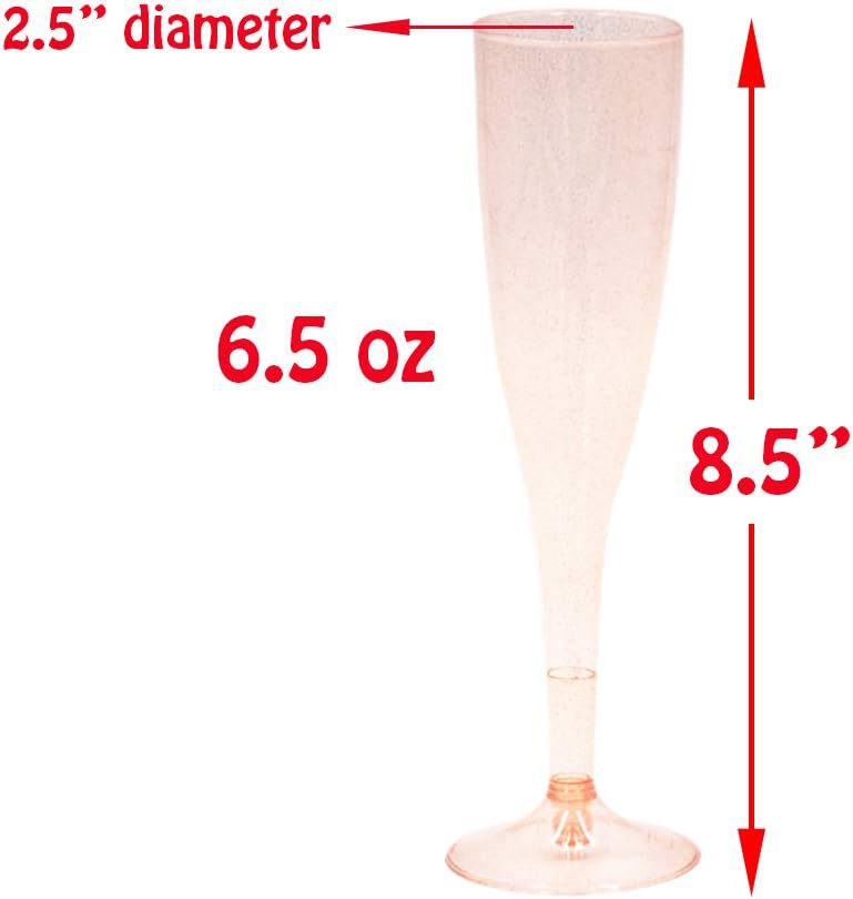 Homy Feel Rose Gold Glitter Plastic Champagne Flutes 30 Pack, 6.5 OZ Disposable Plastic Wine Glasses, Reusable Champagne Glasses, Mimosa Bar Glasses for Bridal Shower Birthday New Year Christmas Rose Glod