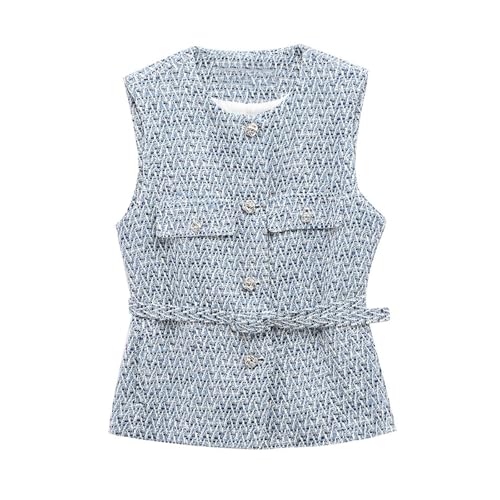 Women's Tweed Vest Crewneck Button Down Sleeveless Belted