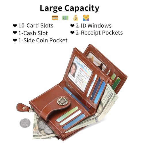 Image of SENDEFN Small Womens Wallet Leather Bifold Card Holder RFID Blocking with Zipper Coin Pocket
