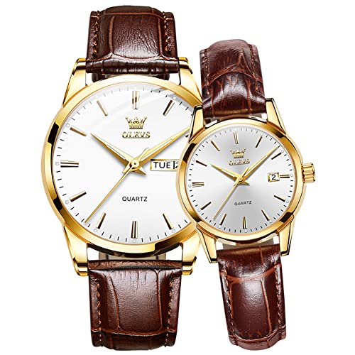 Image of OLEVS Couple Watches Quartz Calendar Luminous Waterproof Leather Luxury Casual Wrist Watch for Men & Women Best Gift for Anniversary, Valentine's Day