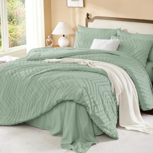 Image of Litanika Super King Size Comforter Set with Sheets Sage Green - 7 Pieces Bed in a Bag Oversized King Boho Tufted Complete Bedding Sets with Comforter, Sheets, Pillowcases & Shams