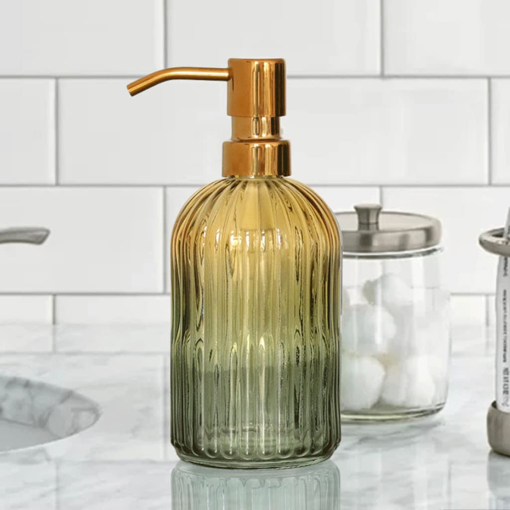 Moderno dispenser di sapone in vetro a righe con pompa in acciaio inossidabile per B e cucina bottiglia ricaricabile a pompa per lozione in colore giallo verde sfumato
