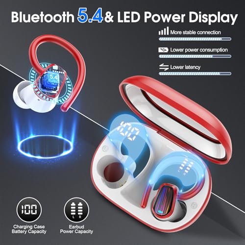 Image of Wireless Earbuds, Bluetooth 5.4 Headphones Sport, Over Ear Buds with ENC Noise Canceling Mic, Deep Bass Stereo Ear Buds with Hook, 50H Playback, LED Display, IP7 Earphones for Workout Running, Red