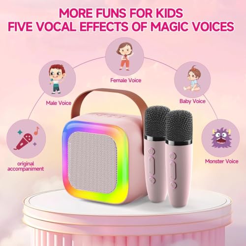Image of Mini Karaoke Machine for Kids with 2 Wireless Microphones Portable Bluetooth Speaker, LED Disco Lights & Voice Changer, Great Birthday Gift for Girls Ages 3-12, Perfect for Family Parties and Home