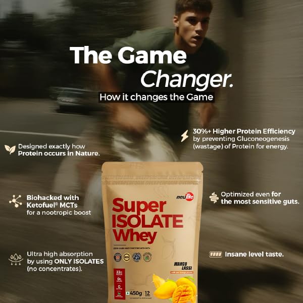 Image of Neulife Super Isolate Whey Protein (900 g 450x2) | Max Absorption Protein Shake with Patented Ketofuel MCTs | Mango Lassi with Real Fruit