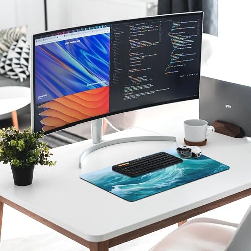 Image of Blue Beach Ocean Extended Gaming Mouse Pad, with Stitched Edges Large Mouse Pad Desk Protector, Rubber Base Mousepad Keyboard Mouses Mat for Work Game Office Home- 32 inch X 16 inch Inch