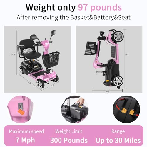 Image of Mobility Scooter for Seniors /Adults,20 /35 Miles up to 300lbs Capacity, 4 Wheels Mobility Scooters 350W 7MPH,USB Charging Detachable Lithium Battery with Rear Mirror
