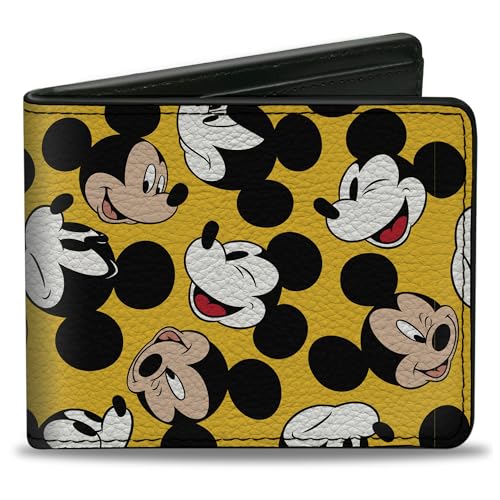 Buckle-Down Men's Disney Wallet, Bifold, Mickey Mouse Through The Years Expressions Scattered Yellow, Vegan Leather, 4.0