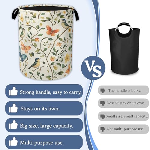 Image of Bird Butterfly Laundry Basket,Oxford Cloth Vintage Nature Laundry Hamper With Handle Foldable Portable Clothes Storage Basket for Laundry Room /Bedroom /Bathroom 20.8 inchx16 inch