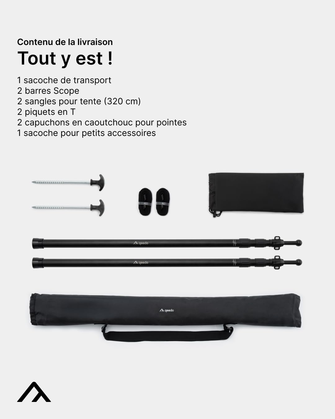 qeedo Scope Set - de 2 mâts télescopiques Aluminium 95–230 cm, ultralégers (550 g) avec Twist-Lock - Poteaux de Tente pour tarp, auvent, Voile d’ombrage, Camping, Plage - Noir/Champagne