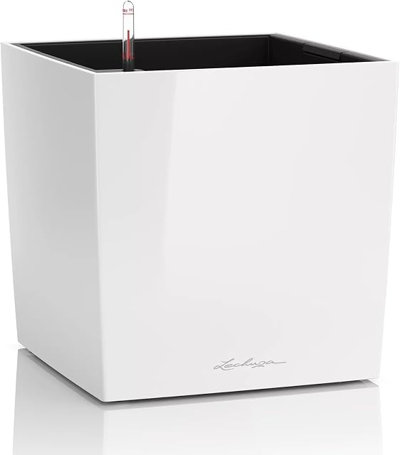 Lechuza Self Watering Plant Pot CUBE 30 Garden Flower Indoor Outdoor Floor Plastic Planter with Drainage Hole H30 L30 W30 cm White High-Gloss