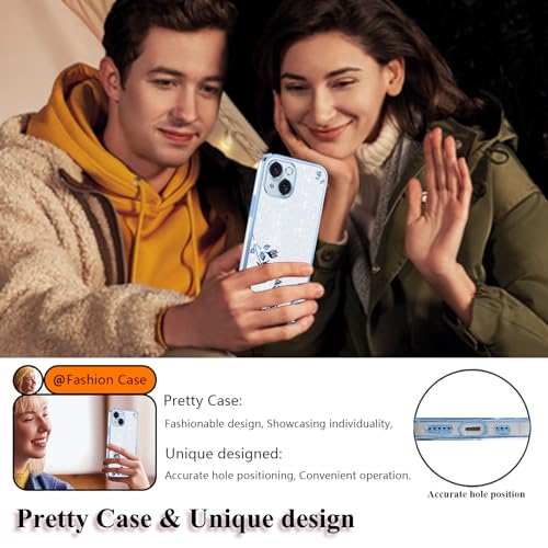 Coque pour iPhone 15 Plus esthétique transparente avec fleurs et paillettes