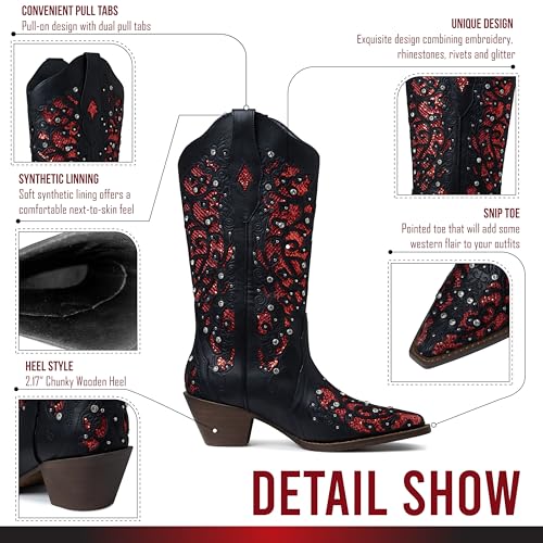 Tscoyuki Women's Rhinestones Western Knee High Boots, Embroidery Pointed Toe Chunky Block Heel Cowboy Cowgirl Mid Calf Boots with Pull On Taps2