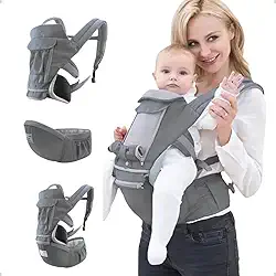 AIEBAO Bolsa Canguru, Ergonômica, 12 Posições, 3 Em 1, 3 Bolsos Externos, Bebês 0 a 36 Meses, Capacidade 0 a 36 quilos, Poliéster Algodão e Isopor. (Cinza)