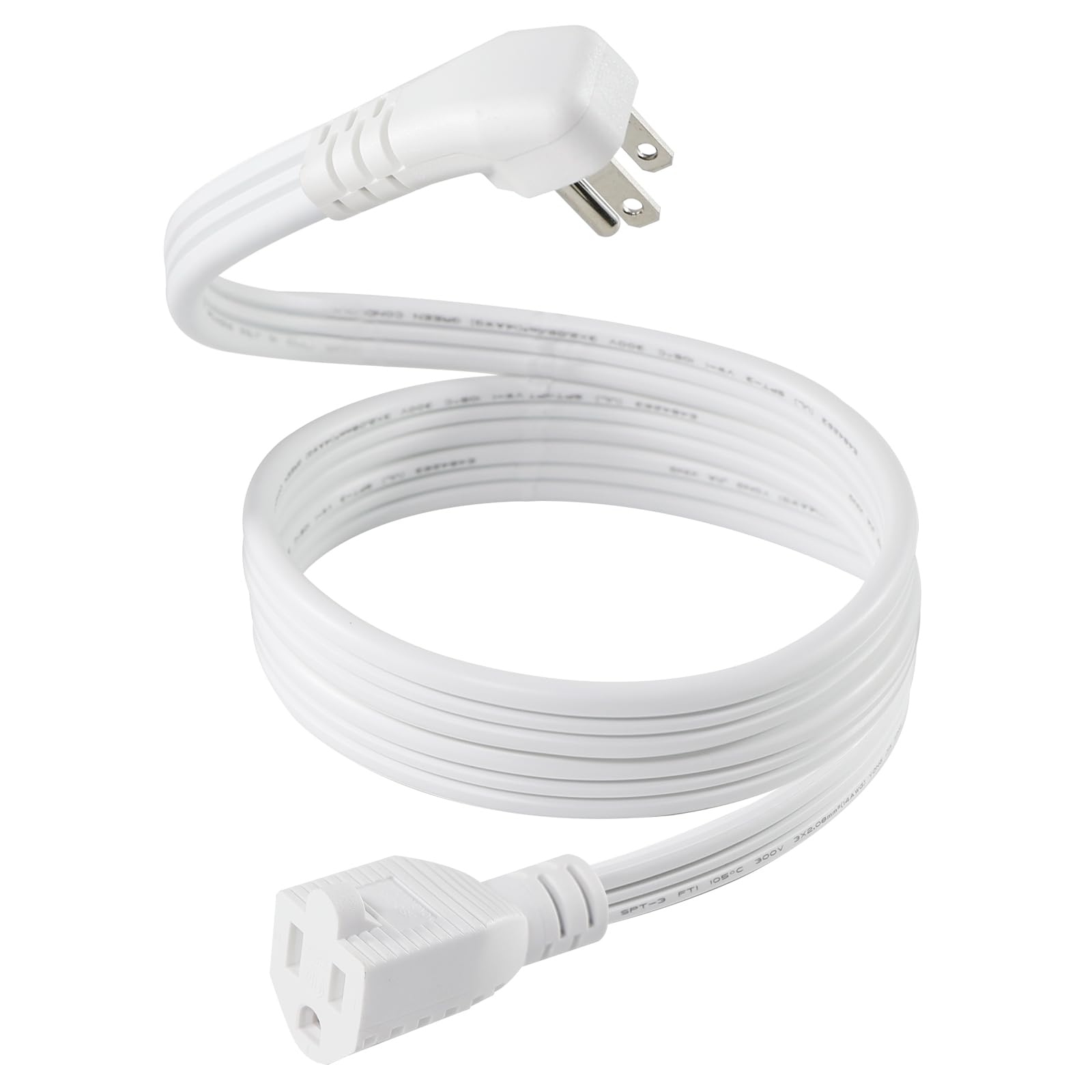 Flat Under Carpet Major Appliance Extension Cord with Flat Wall Plug, 3FT White Thin Flat Cable Low Profile Power Cord 3 Prong Grounded Wire SPT-3 14AWG Heavy Duty Air Conditioner Extension Cord