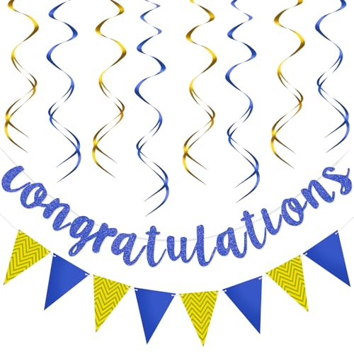 Outus Congratulations Banner with Triangle Flag 12 Swirls,Blue, Gold