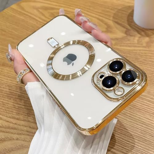 FIFTHAVE Klar Handyhülle für iPhone 15 Hülle Kompatibel mit MagSafe, Ultra Dünn Case iPhone 15 MagnetLuxus Schutzhülle Transparent Kameraschutz weiche TPU Cover-Golden
