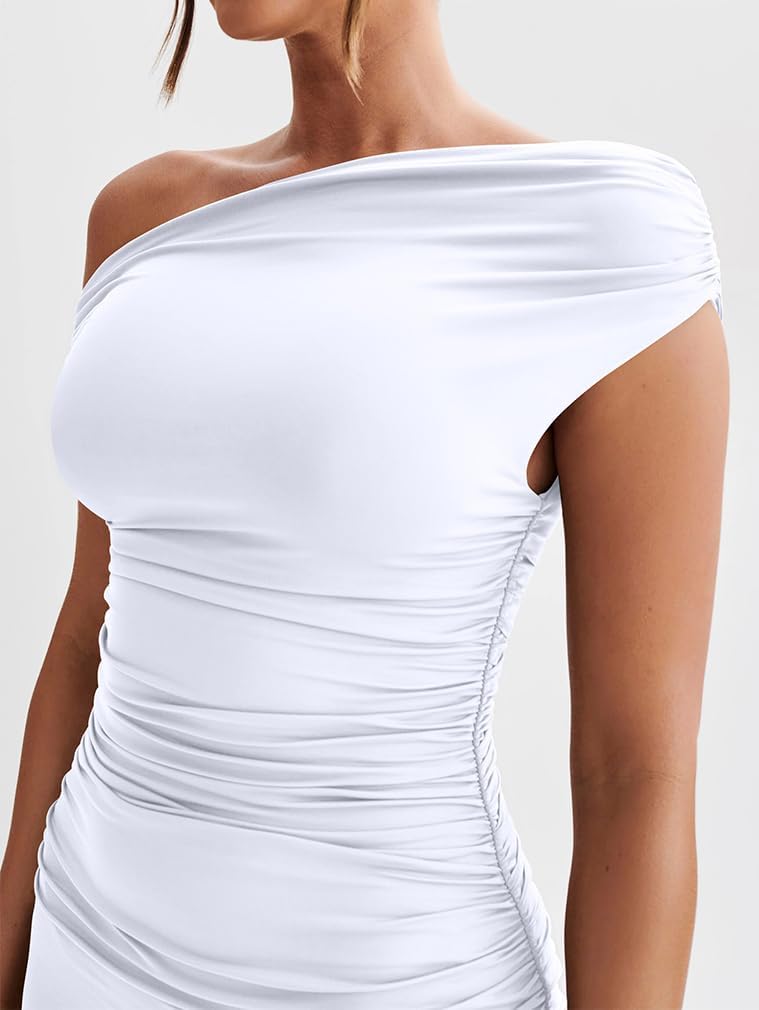 LAGSHIAN Women's Elegant One Shoulder Sleeveless Bodycon Ruched Party Cocktail Formal Midi Dress - Image 2
