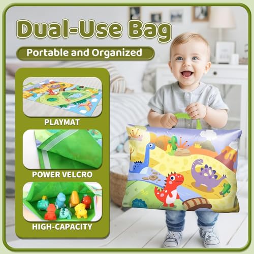 Image of PLUSPOINT Cute Dinosaur Toy car Set with Playmat Fantastic Creatures Toys mat Storage Bag Baby Car Travel Toys Pretend Play Jungle Theme playmat for Kids Birthday Gift Stocking Stuffers for Toddler