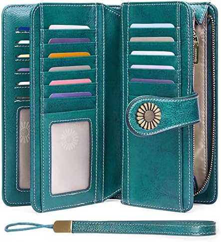 SENDEFN Wallets for Women Genuine Leather Credit Card Holder with RFID Blocking Large Capacity Wristlet