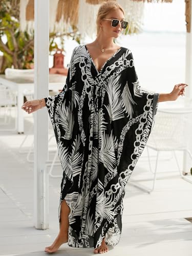 Image of IMAGEKOPE Women's Plus Size Animal Print V-Neck Batwing Kaftan Beach Dress Bathing Suit Cover-Up Loungewear